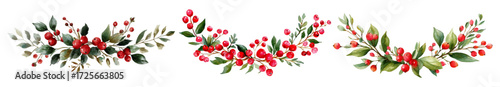 Watercolor garlands of holly branches. Christmas frames and borders. Christmas natural elements for cards, banners, etc. Merry Christmas and New Year.