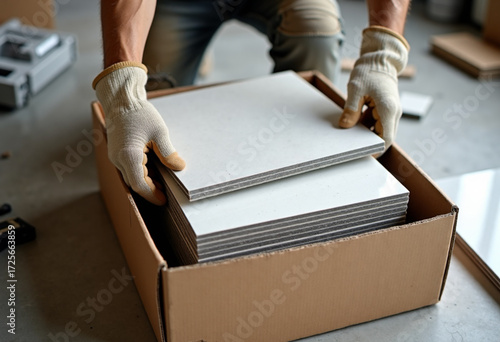 A person with gloves is lifting stacks of tiles from a cardboard box. The setting appears to be a construction or renovation site.