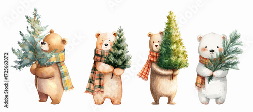 Set of cute Christmas bears. Cute bears with a Christmas tree in their paws and a winter scarf. Cartoon Christmas characters. Merry Christmas and New Year.