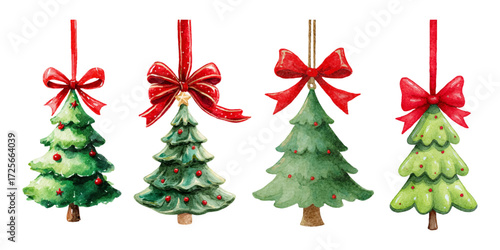 Cute Christmas tree decorations in the form of Christmas trees. Watercolor Christmas tree decoration on a ribbon in the form of a Christmas tree decorated with red bows. Merry Christmas.