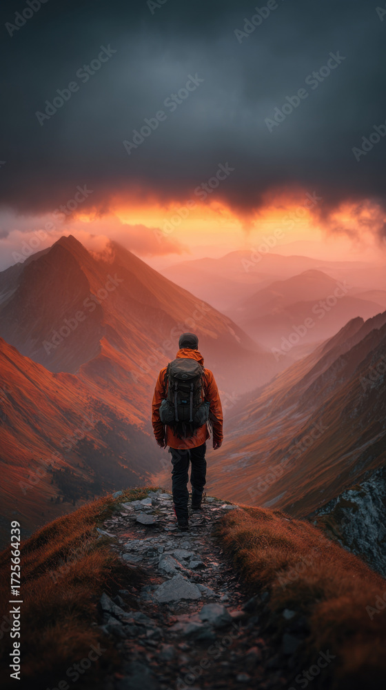Fototapeta premium Hiking along a mountain path at sunset with dramatic clouds and vibrant colors in the sky