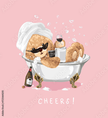 girly bear doll in bath tub vector illustration - drawn by hand