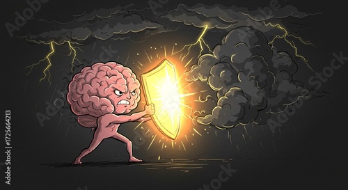 3D Brain with Glowing Shield Deflecting Storm Clouds, Symbol of Mental Resilience, Positivity, Emotional Protection, Strength, and Wellness Concept