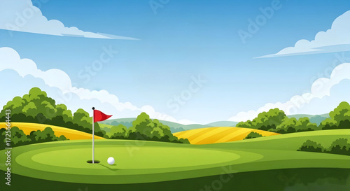 Golf putting green with flag, ball, and scenic landscape.