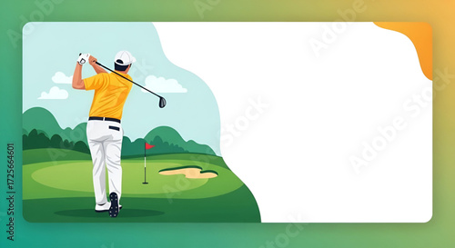 Golfer taking a swing on a lush green golf course.