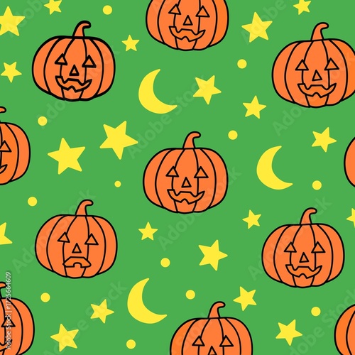 Halloween Pumpkin Seamless Pattern with Green Background, Spooky Holiday Design with Stars and Moon