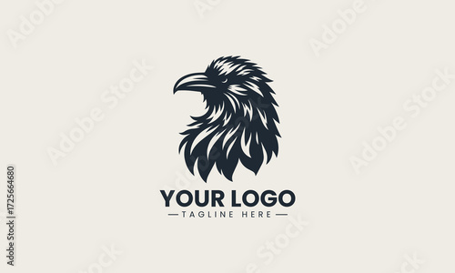 Black raven head silhouette with glowing red eye and sharp feather details on white background vector logo design
