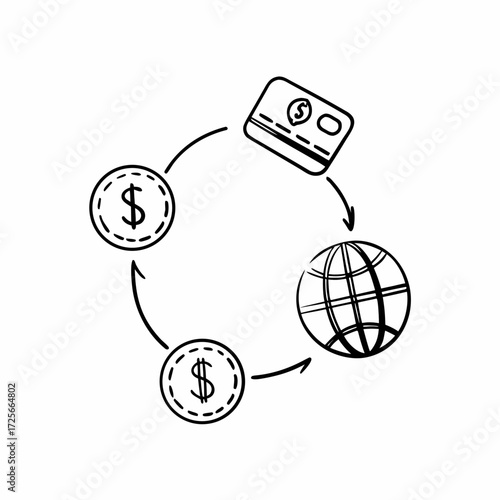 Global Financial Flow: Hand-drawn illustration showcasing the interconnectedness of global finance, with currency exchange and transactions.