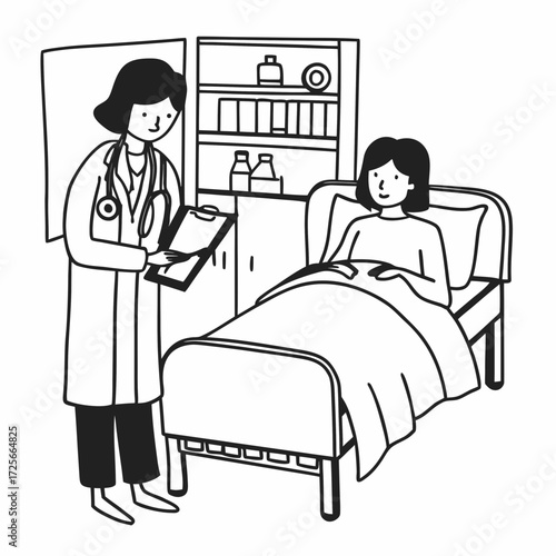 Medical Consultation in a Hospital: In a sterile room of the hospital, a caring doctor examines a patient, taking notes and offering support, representing care and treatment.