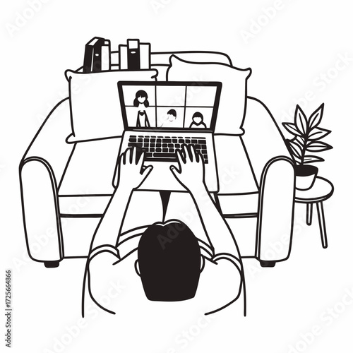 Online Meeting: A person engrossed in a virtual meeting on a laptop, engaging in remote communication while sitting in a cozy living space. 
