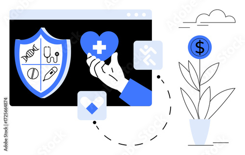 Shield with medical icons, hand holding heart with cross, plant with dollar sign. Ideal for healthcare, insurance, online health, wellness, medical apps, financial planning simple flat metaphor