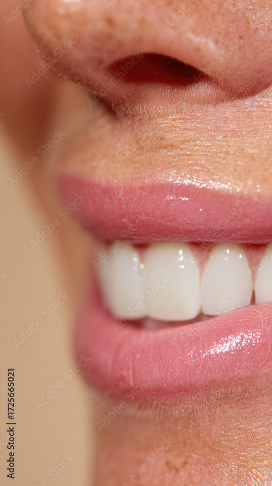 Obraz premium Smile showcasing bright teeth and smooth lips captured in a close-up view in a well-lit environment