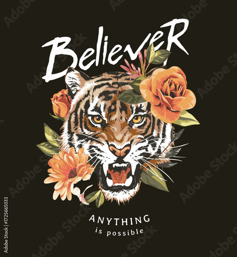believer slogan with tiger head and roses vector illustration - drawn by hand