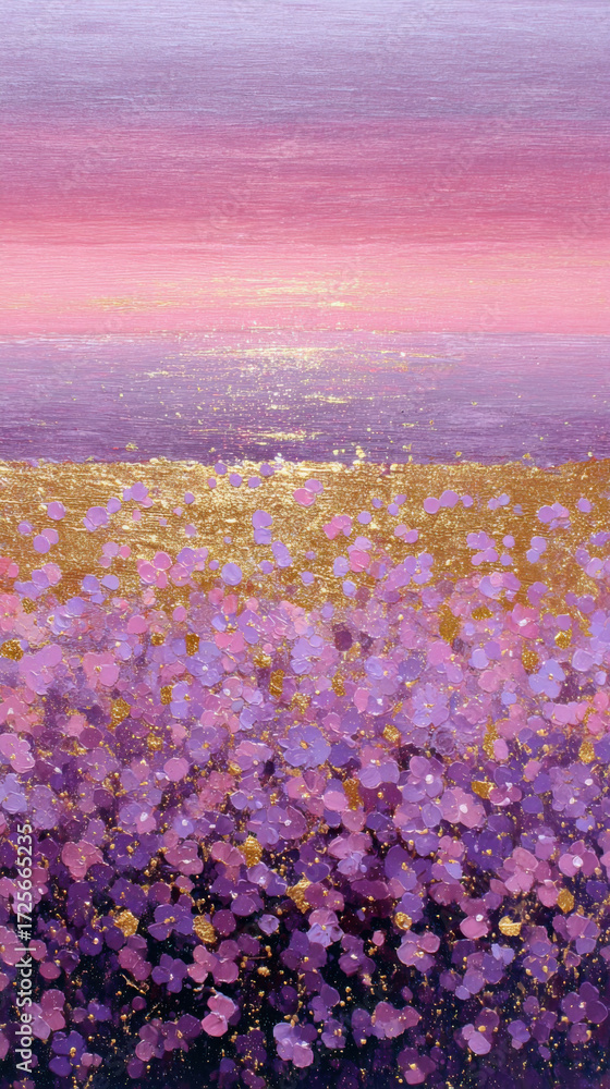 Obraz premium Sunset over a lavender field with golden highlights reflecting on calm water during a serene evening