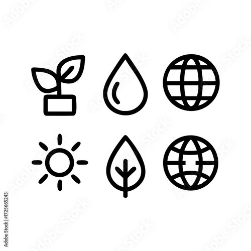 Eco-Friendly Icon Collection: A minimalist collection of iconic symbols representing essential elements of environmental conservation and sustainability, designed with clean lines.