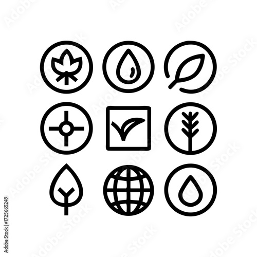 Eco-Friendly Icons: A collection of minimalist icons representing eco-friendliness, featuring a leaf, water drop, globe, and other environmentally conscious symbols.
