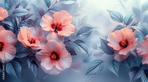 Soft pink hibiscus flowers bloom amidst elegant blue-grey leaves.