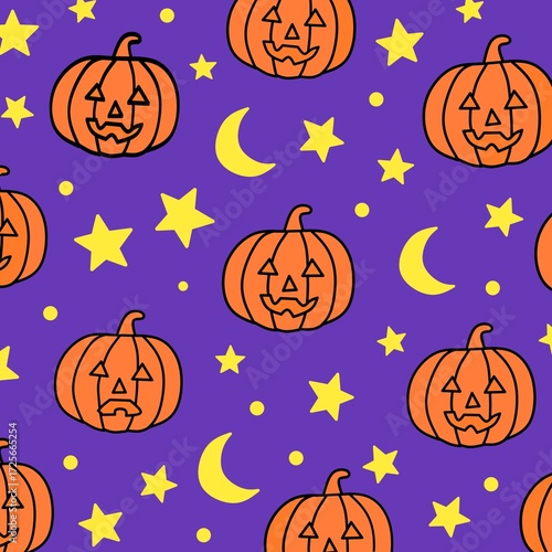 Halloween Pumpkin Seamless Pattern with Blue Background, Spooky Holiday Design with Stars and Moon
