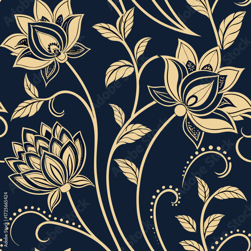 Blooming Harmony: A detailed illustration features intricate floral designs, each bloom a testament to nature's elegant geometry, set against a contrasting deep indigo background.