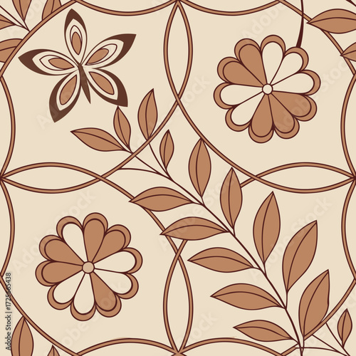Floral Symmetry: A seamless pattern showcases an elegant arrangement of stylized flowers and intricate leaf patterns. This design is characterized by its harmonious balance and refined aesthetic.