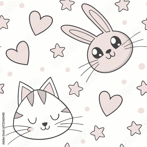 Cute Cartoon Friends: A heartwarming illustration of a cat, rabbit, stars, hearts, and playful dots create a seamless pattern, evoking a sense of pure joy. 