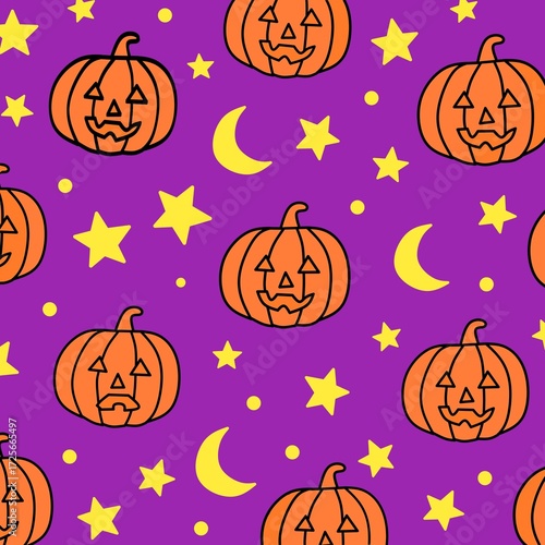 Halloween Pumpkin Seamless Pattern with Purple Background, Spooky Holiday Design with Stars and Moon