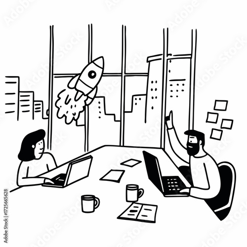 Office Innovation and Startup: A dynamic sketch of a modern office space filled with collaborative energy, a rocket symbolizes ambitious goals and forward-thinking business approach.