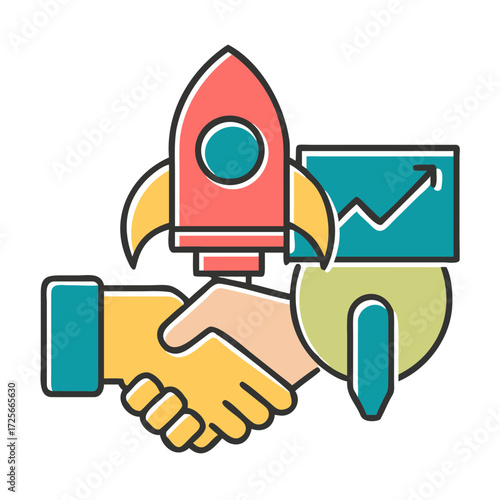 Handshake and Rocket Icon: A symbolic illustration merges a handshake with a rising graph and a rocket, suggesting business growth and collaborative success.