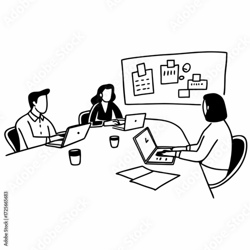 Focused minds in synergy: Capturing a boardroom scene where three individuals, united in thought, engage with laptops and a presentation board.