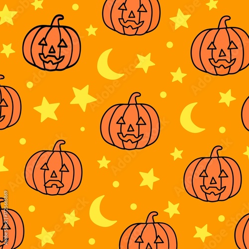 Halloween Pumpkin Jack o Lantern Pattern with Stars and Moon Background