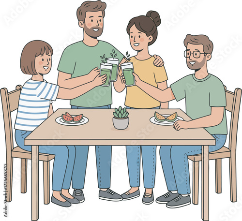 Four friends are at a table, toasting with green drinks. They are smiling and appear happy, enjoying a meal together.
