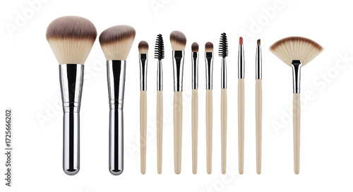 Comprehensive makeup brush set featuring various professional cosmetic tools for application, isolated against a clean plain white background