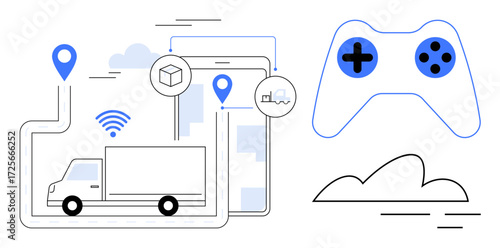 Delivery truck with GPS pin, wireless signal, tablet, game controller, and cloud. Ideal for logistics, navigation, transportation technology connectivity digital systems innovation themes. Simple