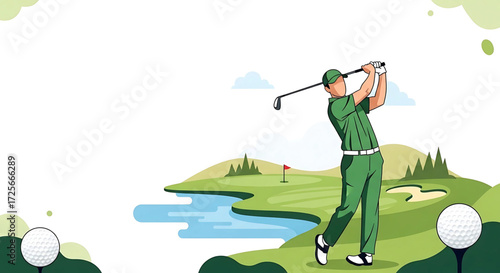 Golfer taking a swing on a golf course by a river.