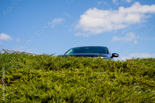 A sleek dark car peeks out from behind a lush green hedge under a bright blue sky with scattered clouds.