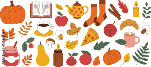 Autumn cozy elements with pumpkin, tea, coffee, candles, leaves, food, fall decorations, seasonal harvest, hygge lifestyle illustration