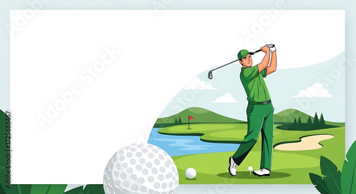 Golfer performing a powerful drive on a scenic course.