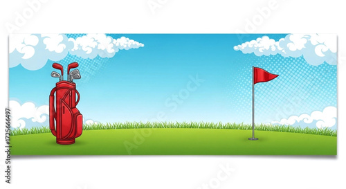 Golfing scene with red bag and flag on green.