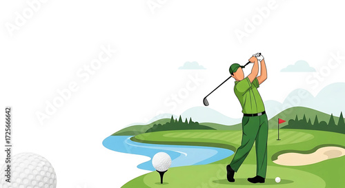 Golfer performing a powerful drive on a scenic golf course.