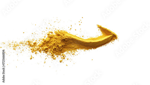 A swirl of yellow powder gracefully disperses across a white background. its fine texture and vivid color. ideal for culinary. artistic. or design applications