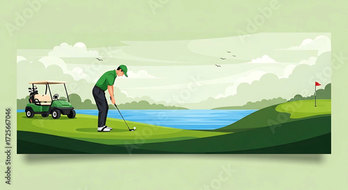 Golfer putting on a green overlooking a lake.
