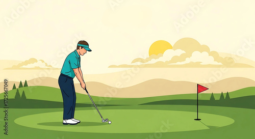 Golfer preparing to putt on a beautiful golf course.