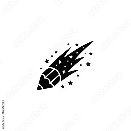 Pencil shooting star logo. Creative inspiration, art, education, imagination, and magic concept graphic icon with star trail.