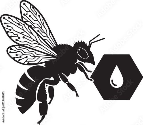 Bee Silhouette with Circuit Wings and Honey Drop – Vector Illustration of Nature and Technology