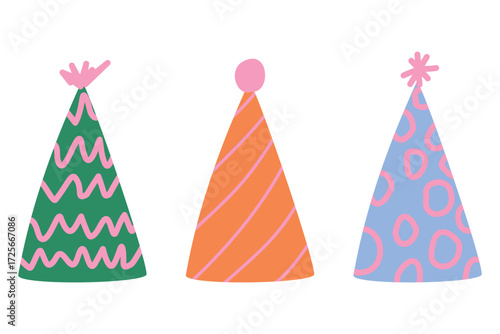 Colorful party hats set, vector festive illustration for birthday and holiday decoration