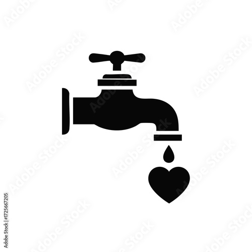 Stylish black silhouette of a faucet with a heart-shaped drop of water, representing love and care for water conservation in minimalist design, ideal for creative and social projects.