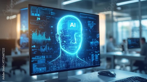 Wallpaper Mural AI interface: The digital human face with the AI inscription glows against the background of the office. Showing the integration of technology and human work. Torontodigital.ca