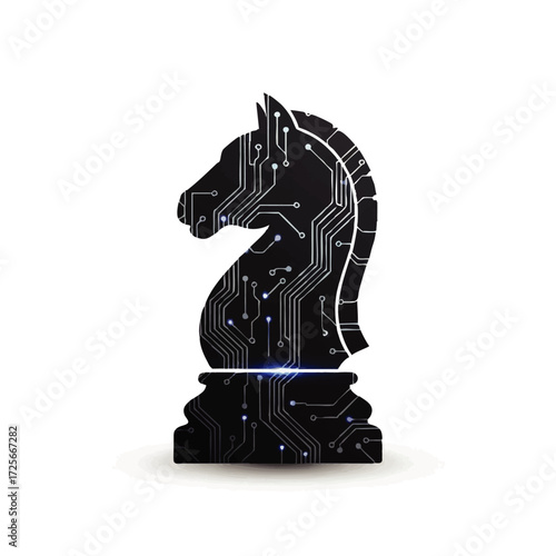 Digital Chess Knight with Circuit Board Pattern. AI Strategy and Technology Concept.
