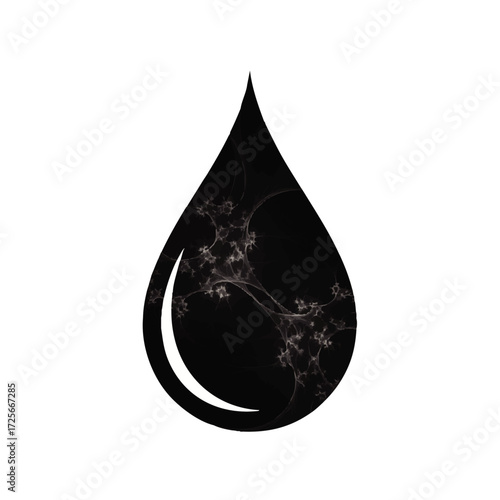 Abstract black drop with delicate organic pattern on white, elegant graphic design element