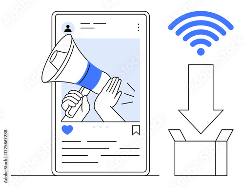 Megaphone on a smartphone screen for online promotion, wireless signal, and download to a box. Ideal for digital marketing, online promotion, content delivery, social media, advertising